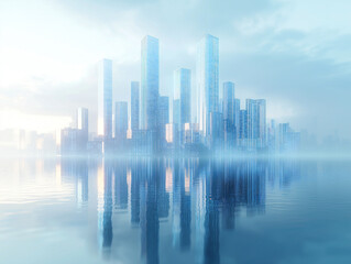 Fototapeta premium Sleek and modern abstract background with a minimalist cityscape made of glass, featuring vertical bar charts rising against a gradient blue sky