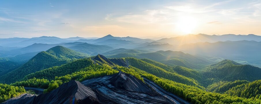 Cutaway view of mountaintop removal mining, illustrating the removal of entire mountain tops to access coal seams below