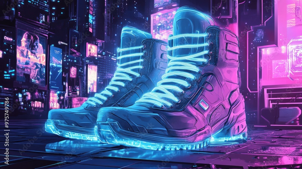 Wall mural Futuristic neon blue and pink boots in a cyberpunk city.