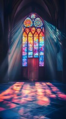 Obraz premium A beautiful stained-glass window in the middle of an empty church, with rays of light streaming through it