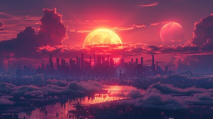 City of a future against purple sunset sky with clouds. Futuristic building with bright neon lights. Wallpaper in a style of cyberpunk. 3D ilustration