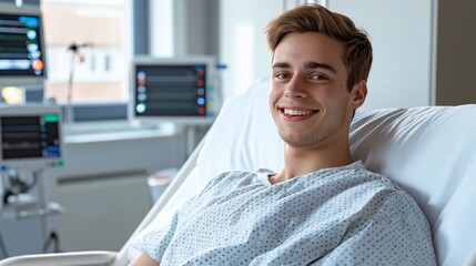 Obraz premium Happy Young German Man Reclining in Hospital Bed, Recovering in a Modern Medical Facility, Reflecting Positive Healthcare Experience