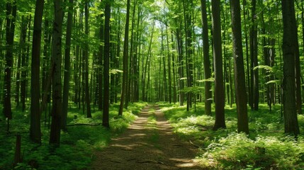 Fototapeta premium Sun Dappled Path Through a Verdant Forest