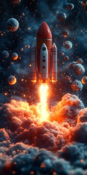 A vibrant red rocket soaring through space, launching amidst colorful cosmic clouds.