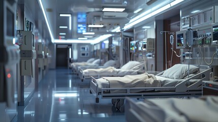 Obraz premium Efficient and Modern Hospital Corridor with Beds IVs and Medical Equipment