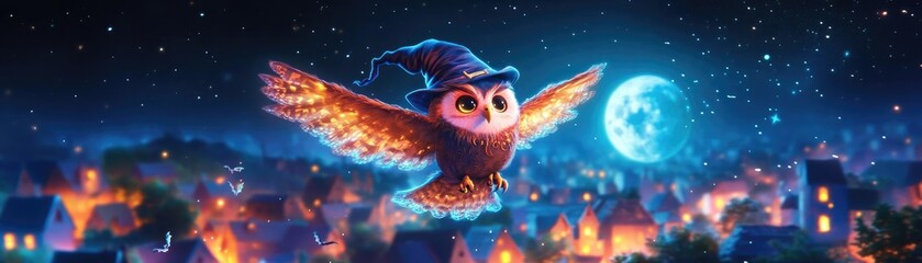 Obraz premium Owl dressed as a witch flying over a moonlit village, witch owl, spooky nocturnal creature