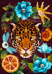 Vector illustration of jaguar surrounded by surreal objects, flowers,  fruits. Esoteric psychedelic art. Poster design.
