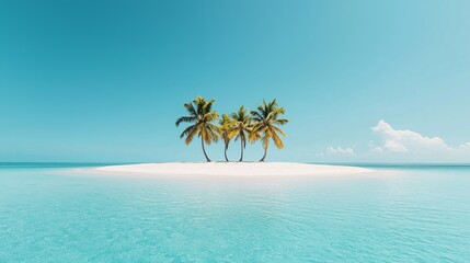 Obraz premium A stunning tropical paradise featuring a white sandy beach lined with tall palm trees, surrounded by crystal-clear turquoise waters under a bright blue sky with fluffy clouds.