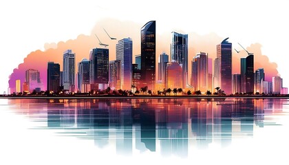 Obraz premium Skylines with Illuminated Buildings Reflecting in the Water, Set Against a White Background