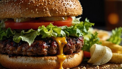 Detail focus photo of a delicious hamburger made by AI generative