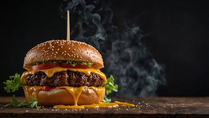 focus photo of delicious looking hamburger on black background made by AI generative