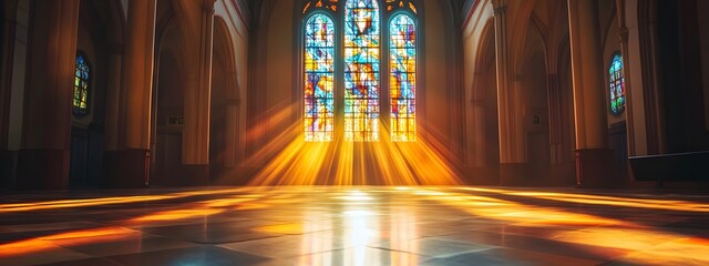  A beautiful stained-glass window in the middle of an empty church, with rays of light streaming through it