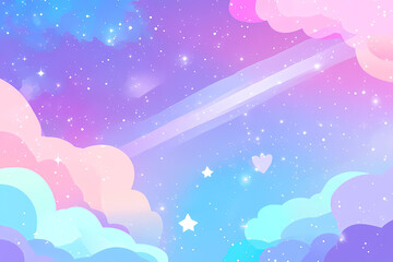 Fototapeta premium Cute pastel galaxy vector background with stars, moon, and clouds in pink, purple, and blue colors