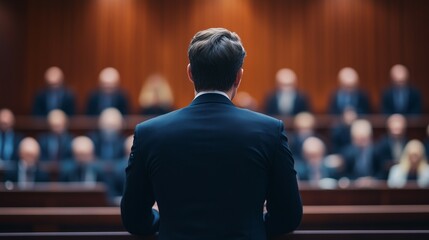 A male lawyer public defender in suit presenting case in court , justice and law concept