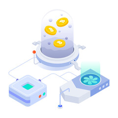 An isometric style icon of bitcoin technology 