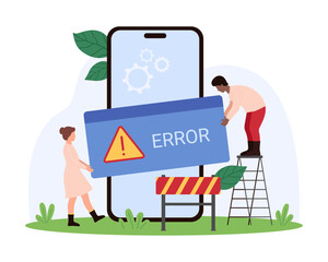 Notification of unavailable or wrong operation, phone error. Tiny people holding alert message of digital security system at big smartphone and construction barrier cartoon vector illustration