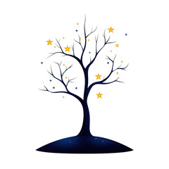 Naklejka premium A whimsical night tree adorned with glowing orange stars, set against a dark blue background, perfect for fantasy themes.