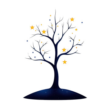 A whimsical night tree adorned with glowing orange stars, set against a dark blue background, perfect for fantasy themes.