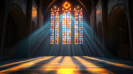  A beautiful stained-glass window in the middle of an empty church, with rays of light streaming through it