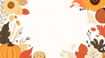 Graphic for festive event. A border with autumn and halloween elements like pumpkins, sunflowers, leaves, and pies, on white isolated background.