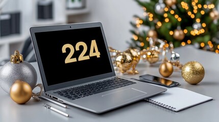 Laptop with Golden Christmas Ornament and Number 224 on Screen