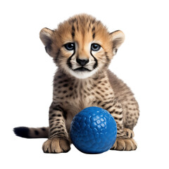 Adorable Baby Cheetah Sitting With A Blue Ball On A Transparent Background
