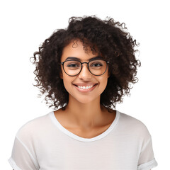 Obraz premium Smiling Woman With Curly Hair And Glasses Wearing A White Shirt On A Transparent Background