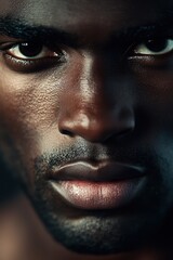 Naklejka premium Close-up of a man's intense and focused gaze, highlighting detailed skin texture and strong facial features, conveying power and determination