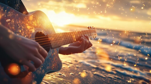 Young man playing guitar on the beach during a beautiful summer sunset