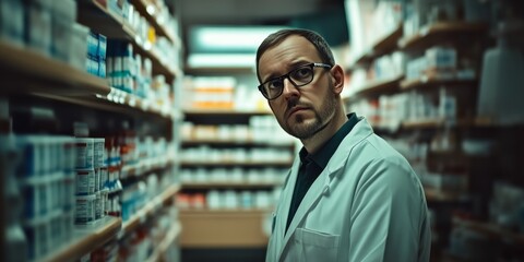 Fototapeta premium A focused pharmacist stands in a well-stocked pharmacy. The shelves are filled with colorful medication bottles. This image captures professionalism in a healthcare setting. AI