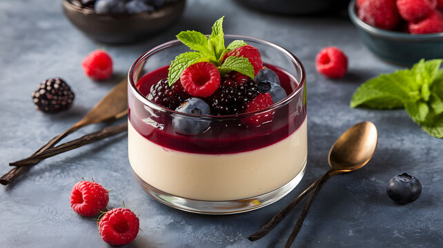 A bowl of vanilla bean panna cotta with a berry compote and fresh mint, presented in a clear glass dish.  