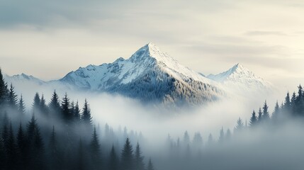 his serene image depicts mist-covered mountains surrounded by lush evergreen trees, with layers of fog cascading through the valleys.