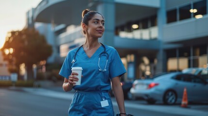 Healthcare worker enjoying a coffee break outside the clinic at sunset