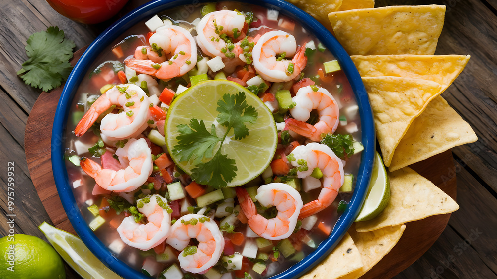 Wall mural A platter of ceviche with shrimp, lime juice, and mixed vegetables, garnished with cilantro and served with tortilla chips.  