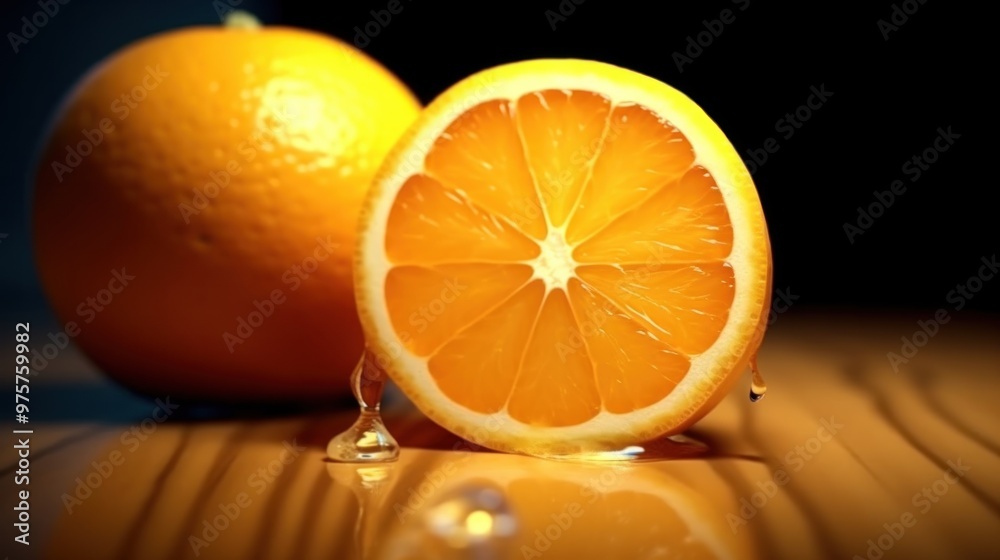 Wall mural Juicy Orange Slice with a Drop of Juice