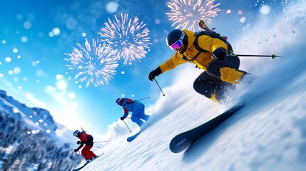 Skiers Enjoying Fireworks Display on Snowy Mountain Peak