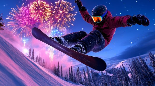 Snowboarder Jumps Over Snow Covered Mountains with Fireworks in Night Sky