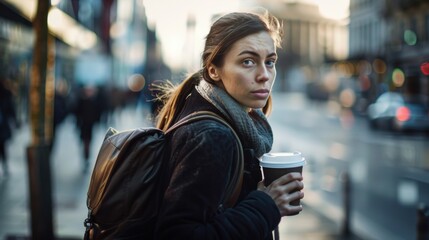 Fototapeta premium Young woman walking in a busy city street with coffee in hand