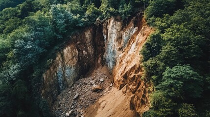 Obraz premium Aerial view of a landslide, with loose rocks and earth cascading down a steep cliffside.