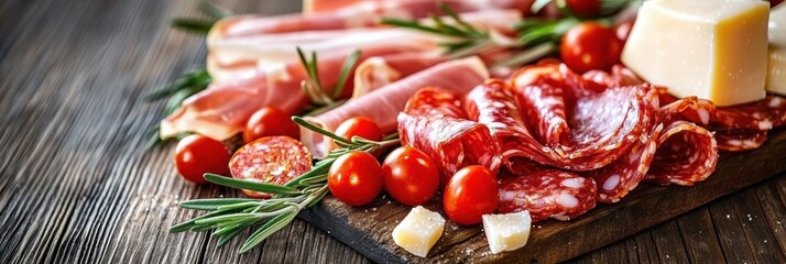 traditional italian antipasto platter, assorted cured meats like prosciutto and salami, cherry tomatoes, fresh rosemary and parmesan cheese chunks on rustic wooden surface, low angle close-up view, wa