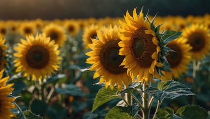 Fototapeta premium photo of beautiful sunflower garden scenery in the morning made by AI generative