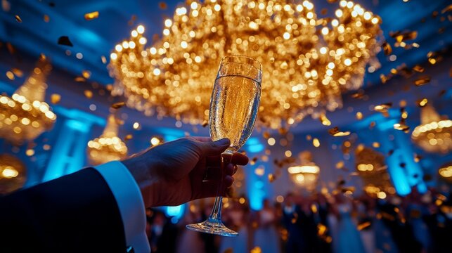 Champagne Toast at a Festive Party with Confetti and Bokeh Lights