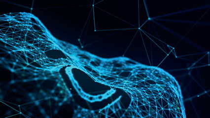 Abstract background with dynamic wave. Circular wave of dots. Musical sound wave. Dark background. Big data visualization. Plexus. Vector illustration.