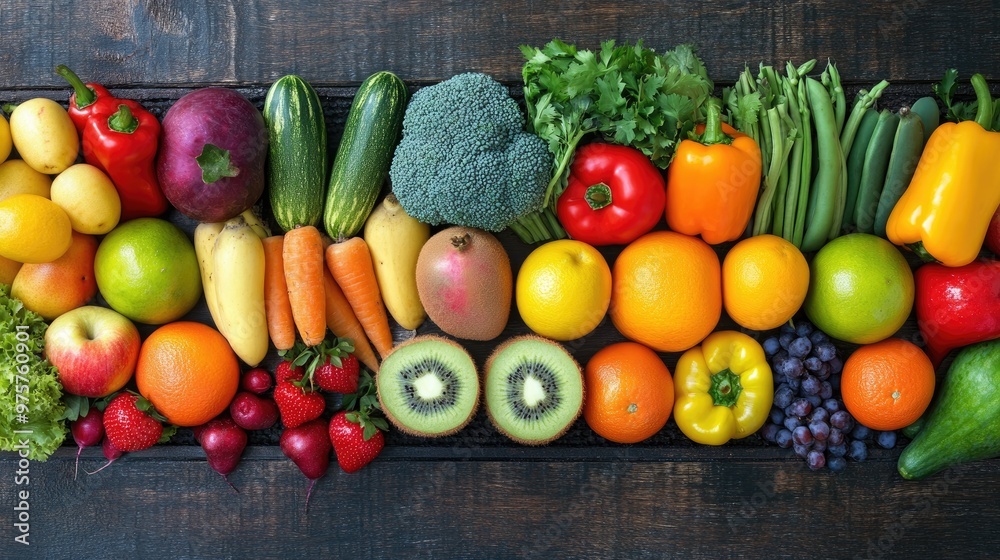 Poster A colorful display of fresh fruits and veggies, arranged on a rustic table, representing a nutritious diet