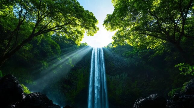 Majestic Waterfall with Sunbeams Through Forest Canopy