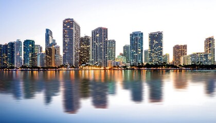 Obraz premium Skylines with Illuminated Buildings Reflecting in the Water, Set Against a White Background