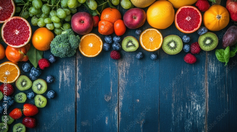 Wall mural A colorful display of fresh fruits and veggies, arranged on a rustic table, representing a nutritious diet