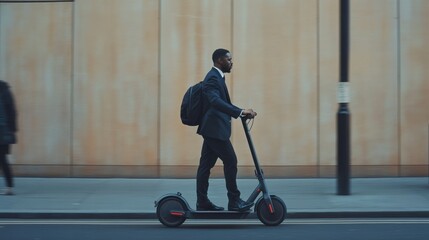 Businessman riding an electric scooter on a city street during daytime