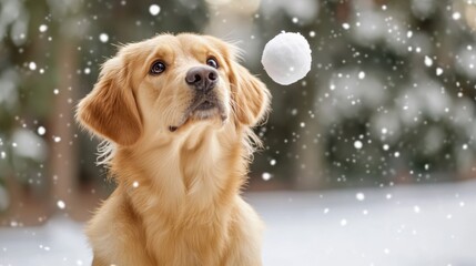 A dog looking up at a ball in the snow, AI