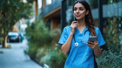 Healthcare professional in scrubs using a smartphone outdoors